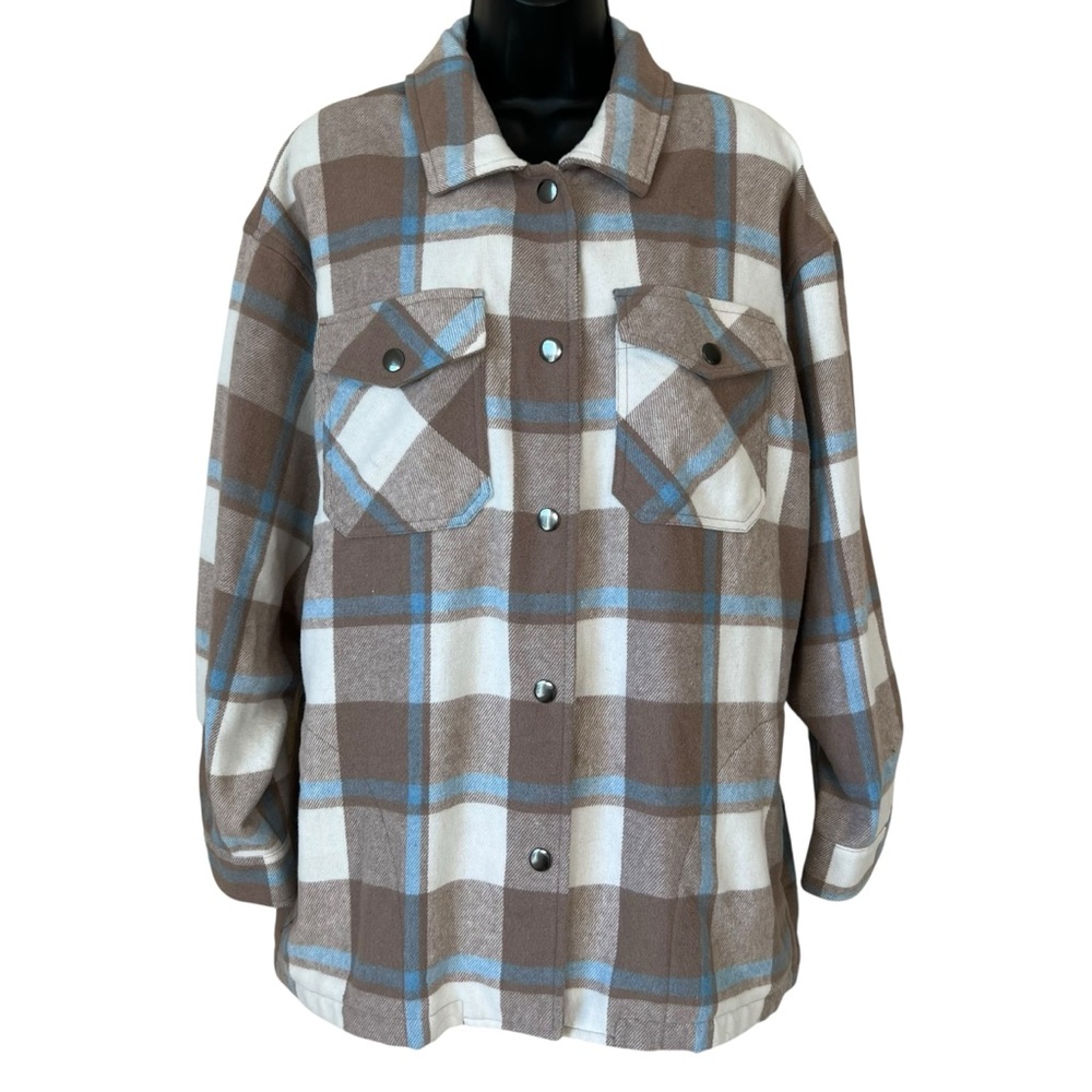 HFX Womens Plaid Flannel Shirt Jacket Beige Blue Snap Closure